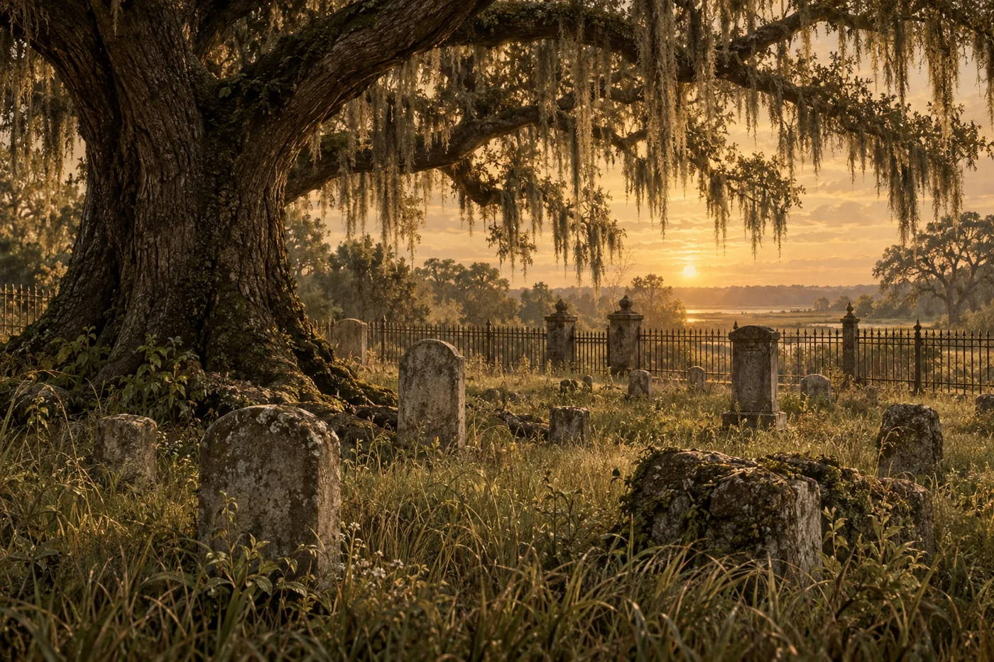 Illustration of a historic cemetery at golden hour: weathered blank fieldstone markers in tall grass beneath a moss-draped live oak, with a wrought-iron fence.
